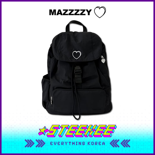 MAZZZZY Signature Heart Embroidered Waterproof Nylon Drawstring Backpack Black by Steekee Korea 4223