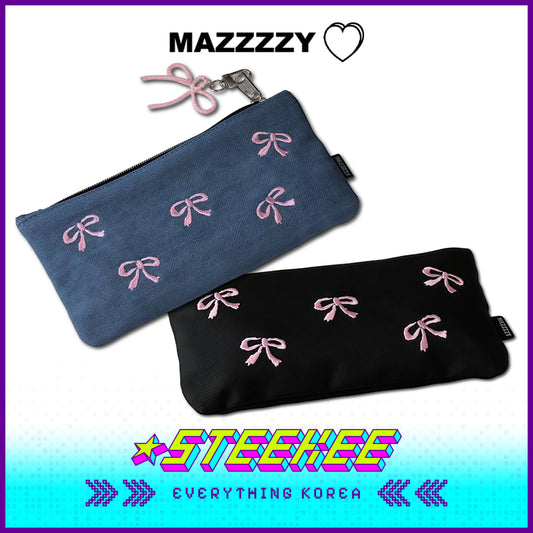 MAZZZZY Black Denim Ribbon Pattern Storage Bag Pencil Case Pouch by Steekee Korea 4226