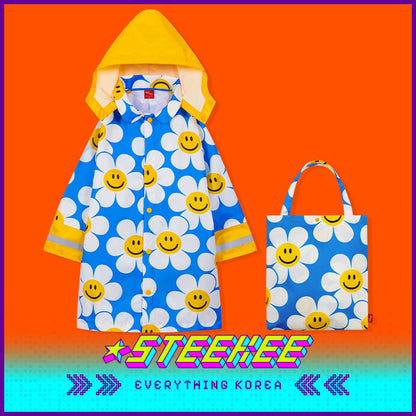 Wiggle Wiggle Blue Daisy Children's Raincoat Kids Full Body Waterproof Raincoat by Steekee Korea 4434