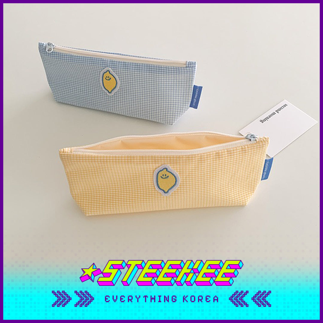 SECOND MORNING Lemon Embroidered Plaid Pencil Storage Bag by Steekee Korean 4496