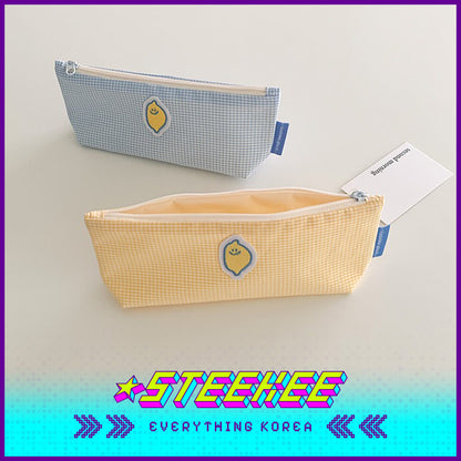 SECOND MORNING Lemon Embroidered Plaid Pencil Storage Bag by Steekee Korean 4496