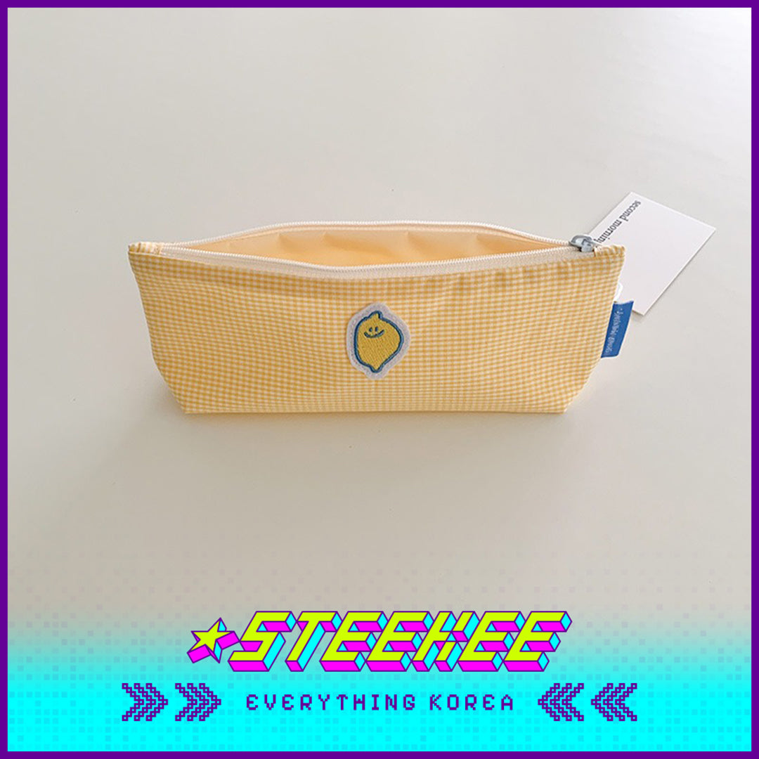 SECOND MORNING Lemon Embroidered Plaid Pencil Storage Bag by Steekee Korean 4496
