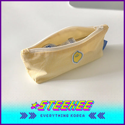 SECOND MORNING Lemon Embroidered Plaid Pencil Storage Bag by Steekee Korean 4496
