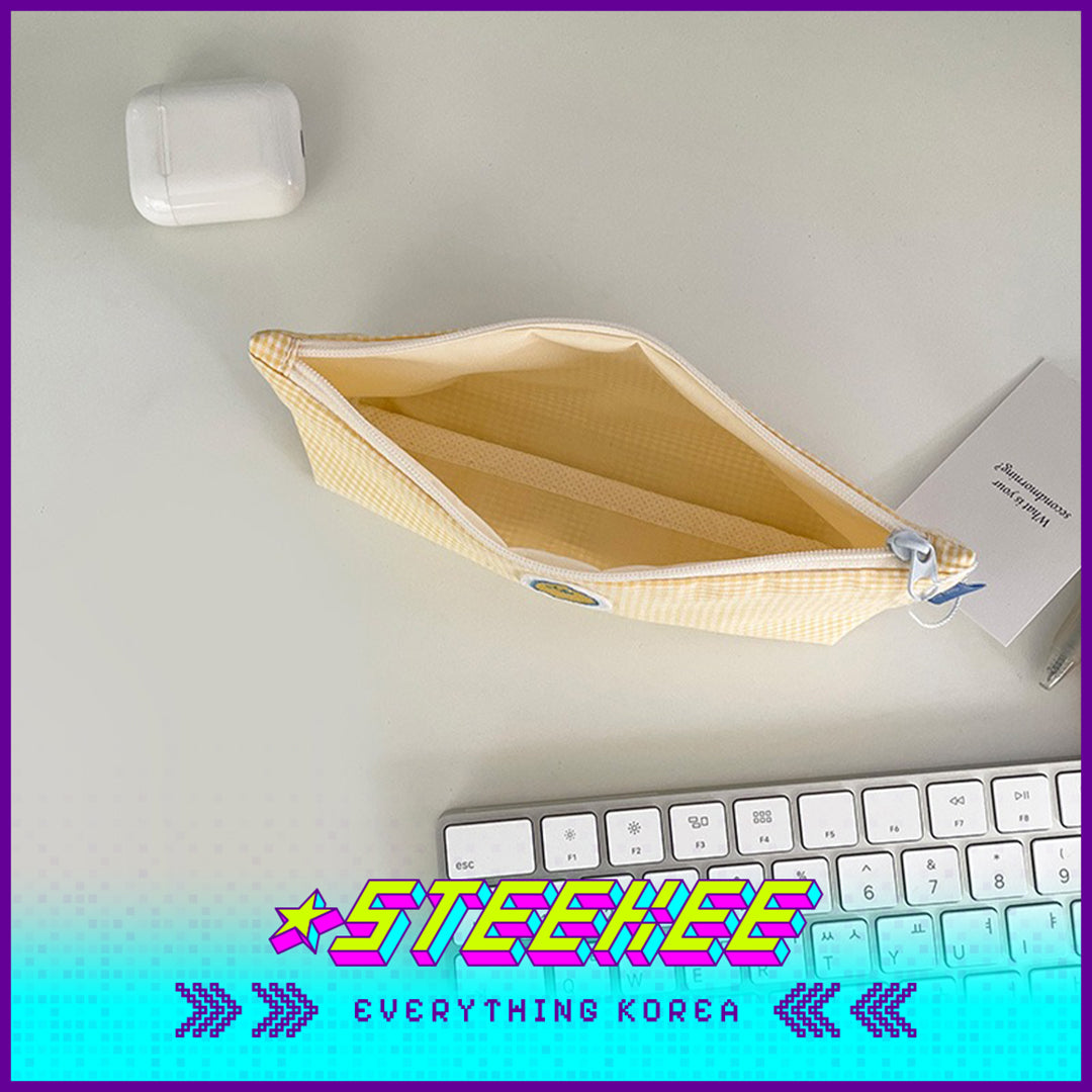 SECOND MORNING Lemon Embroidered Plaid Pencil Storage Bag by Steekee Korean 4496