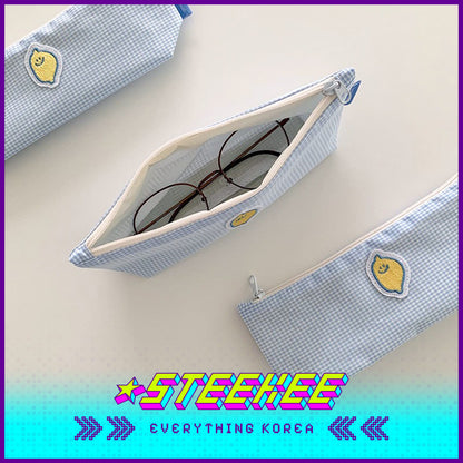 SECOND MORNING Lemon Embroidered Plaid Pencil Storage Bag by Steekee Korean 4496
