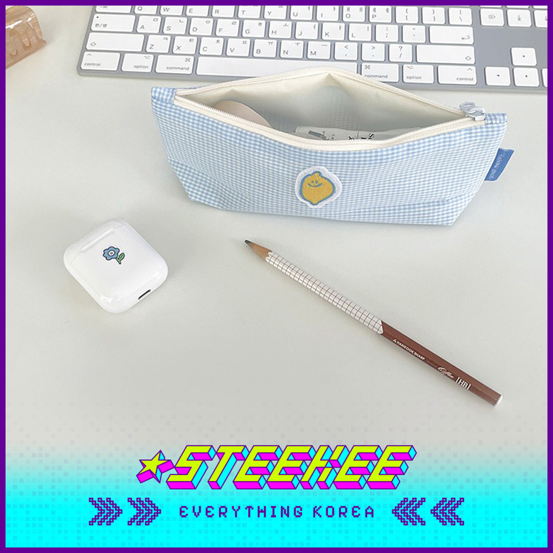 SECOND MORNING Lemon Embroidered Plaid Pencil Storage Bag by Steekee Korean 4496