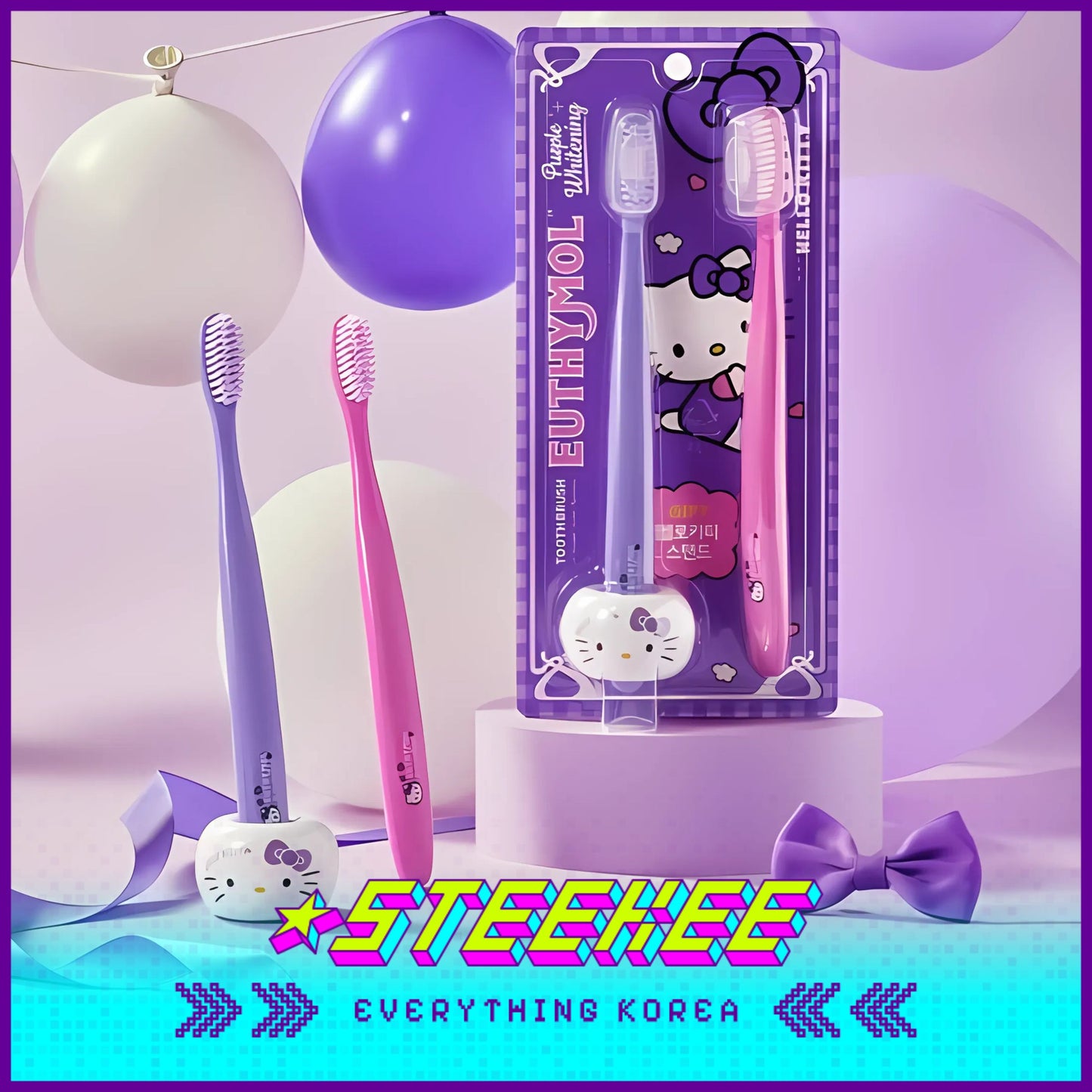 Hello Kitty X Euthymol Whitening Purple Toothbrush Double Set with Holder by Steekee Korea 2423