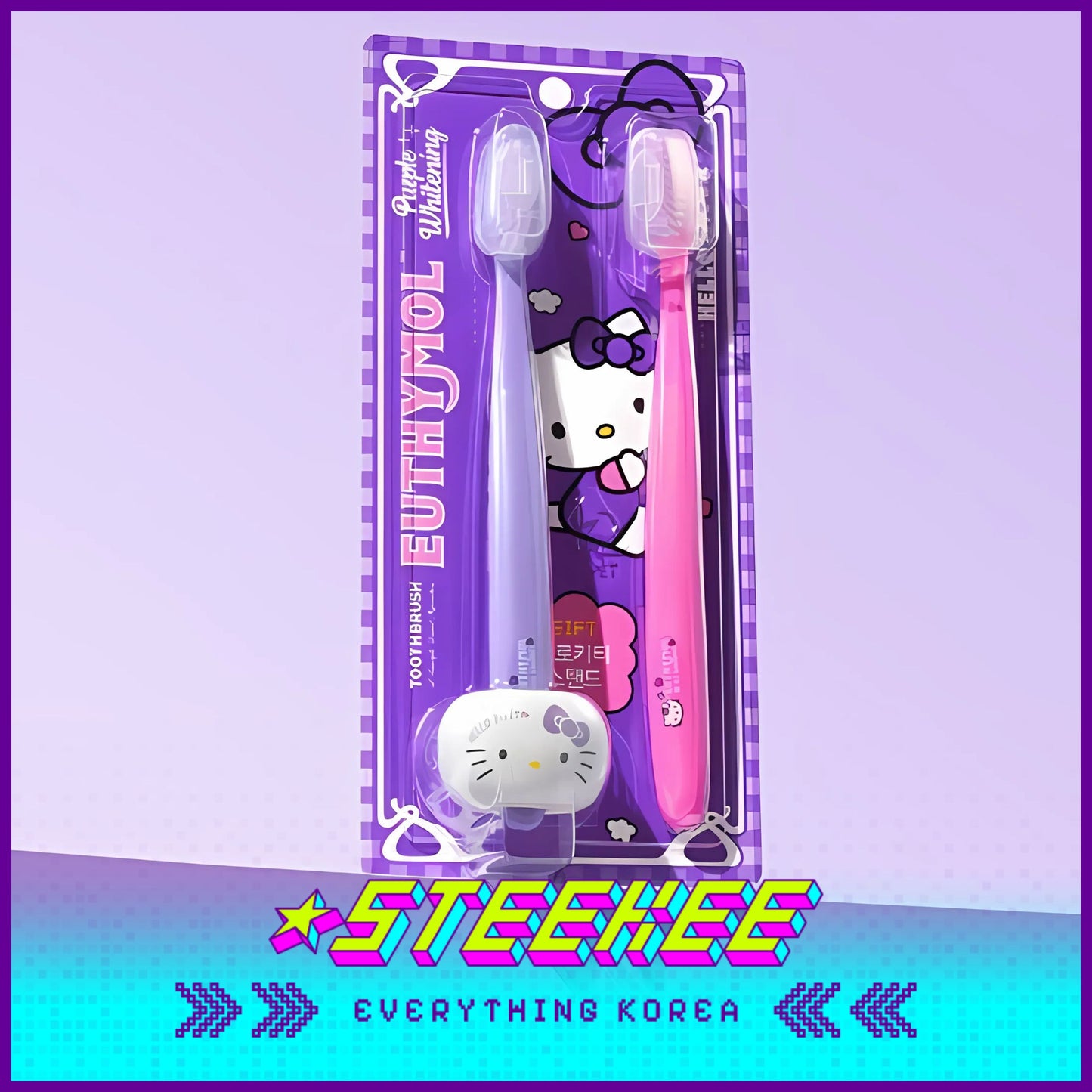 Hello Kitty X Euthymol Whitening Purple Toothbrush Double Set with Holder by Steekee Korea 2423