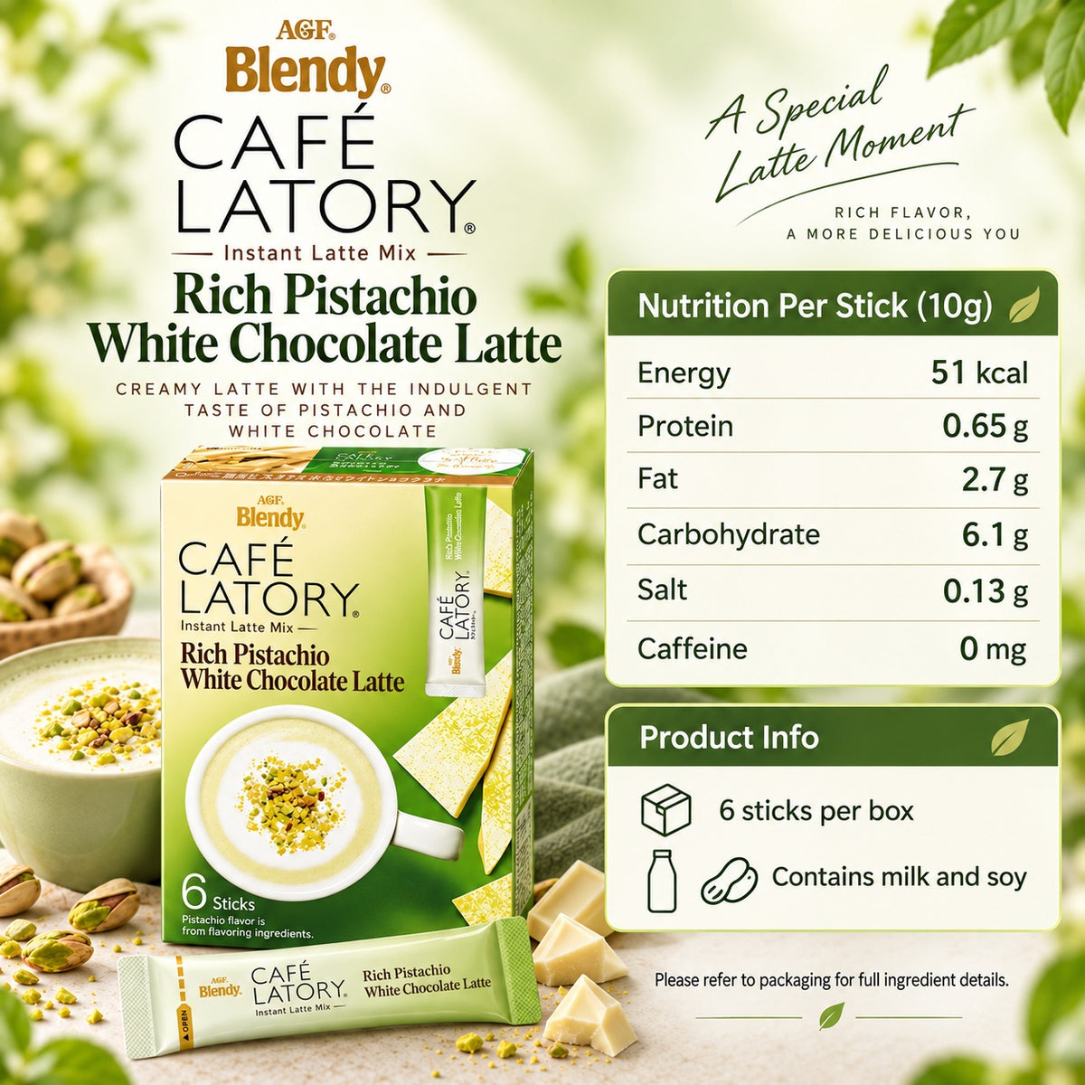 AGF Blendy Cafe Latory Japan Rich Pistachio White Chocolate Latte Instant Drink 6 Sticks 60g