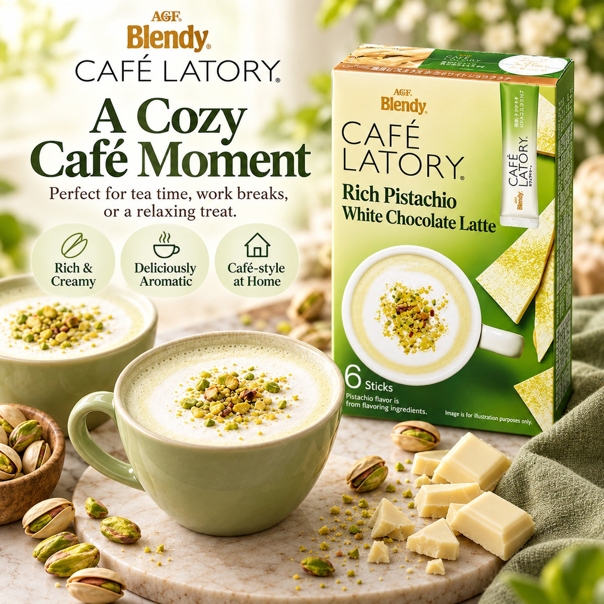 AGF Blendy Cafe Latory Japan Rich Pistachio White Chocolate Latte Instant Drink 6 Sticks 60g