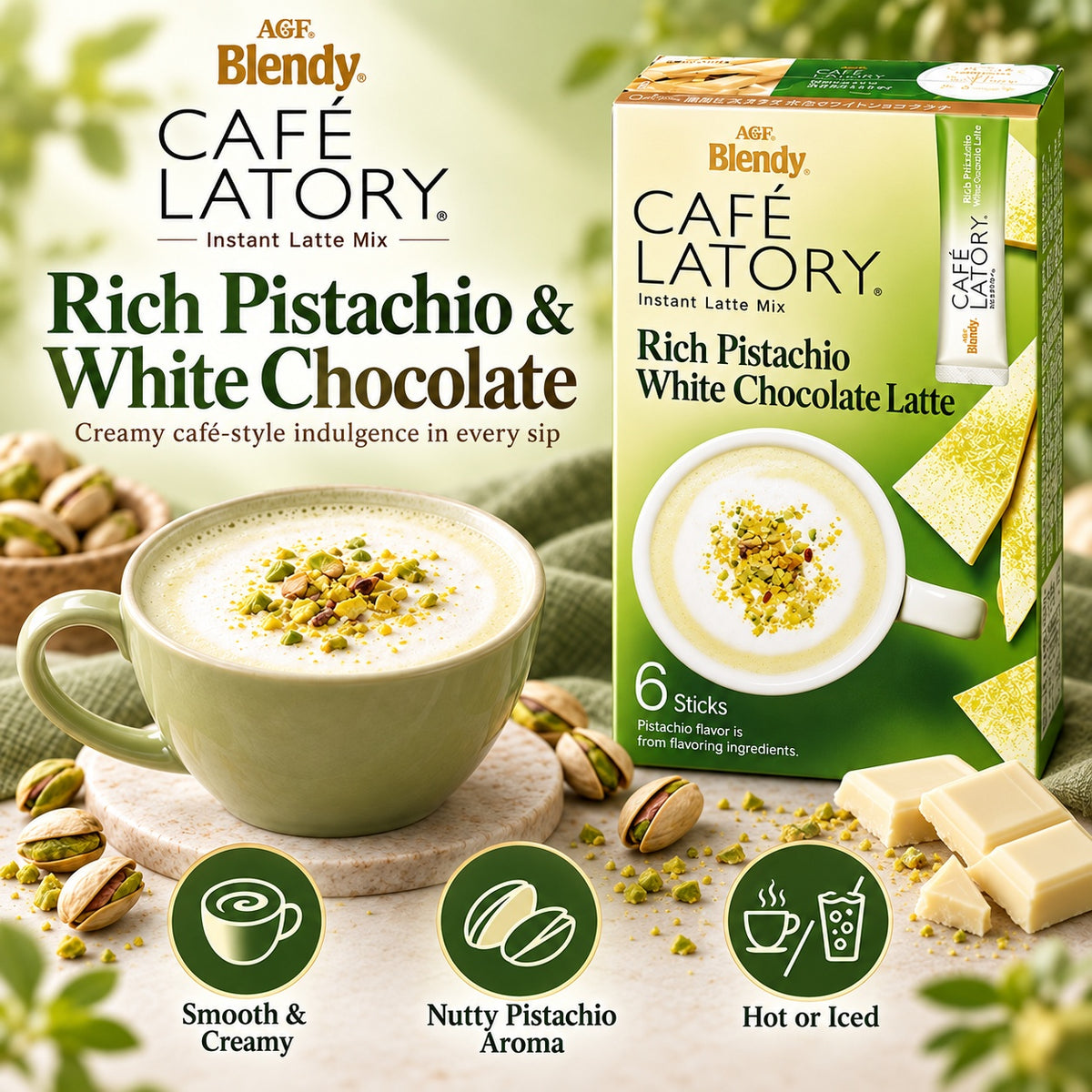 AGF Blendy Cafe Latory Japan Rich Pistachio White Chocolate Latte Instant Drink 6 Sticks 60g