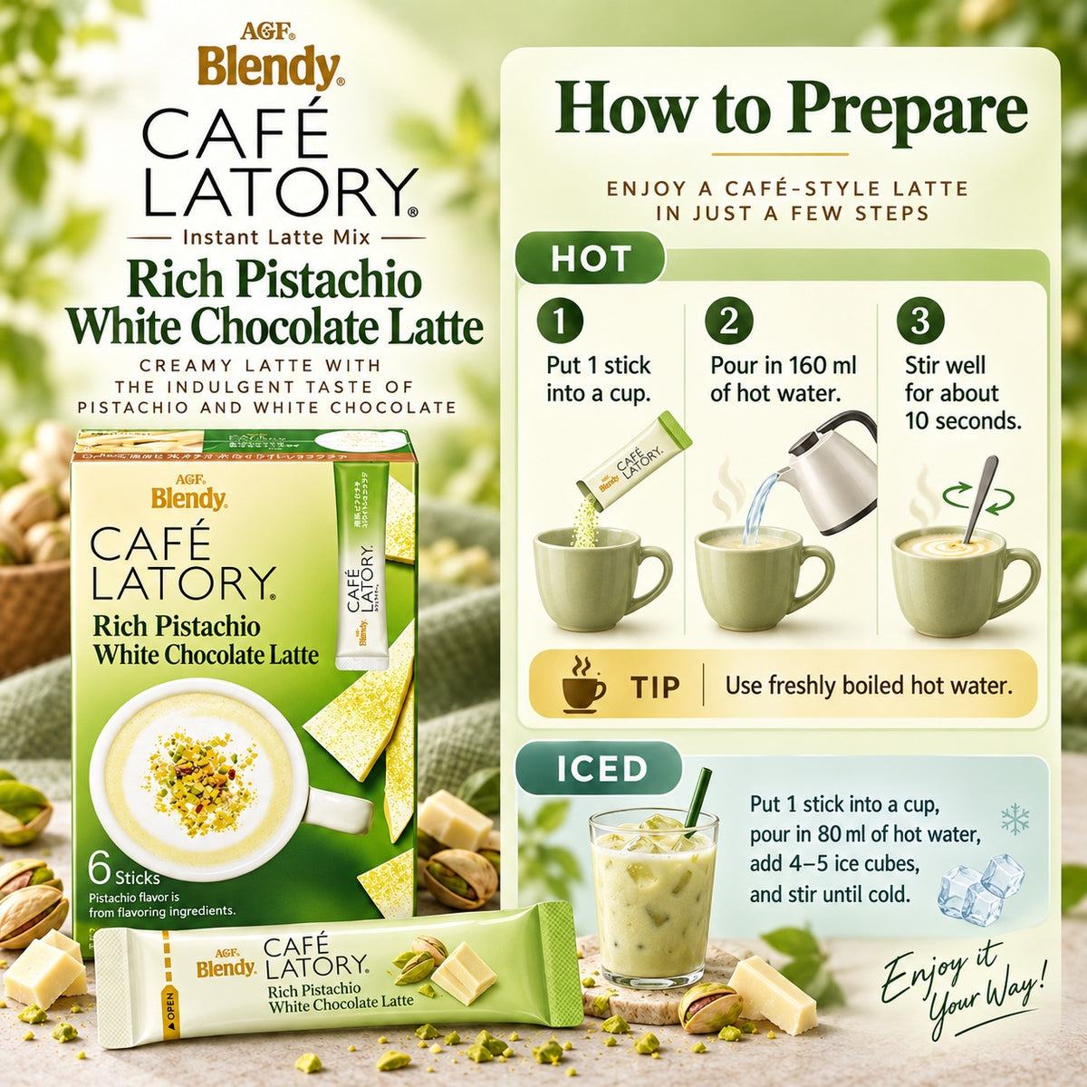 AGF Blendy Cafe Latory Japan Rich Pistachio White Chocolate Latte Instant Drink 6 Sticks 60g