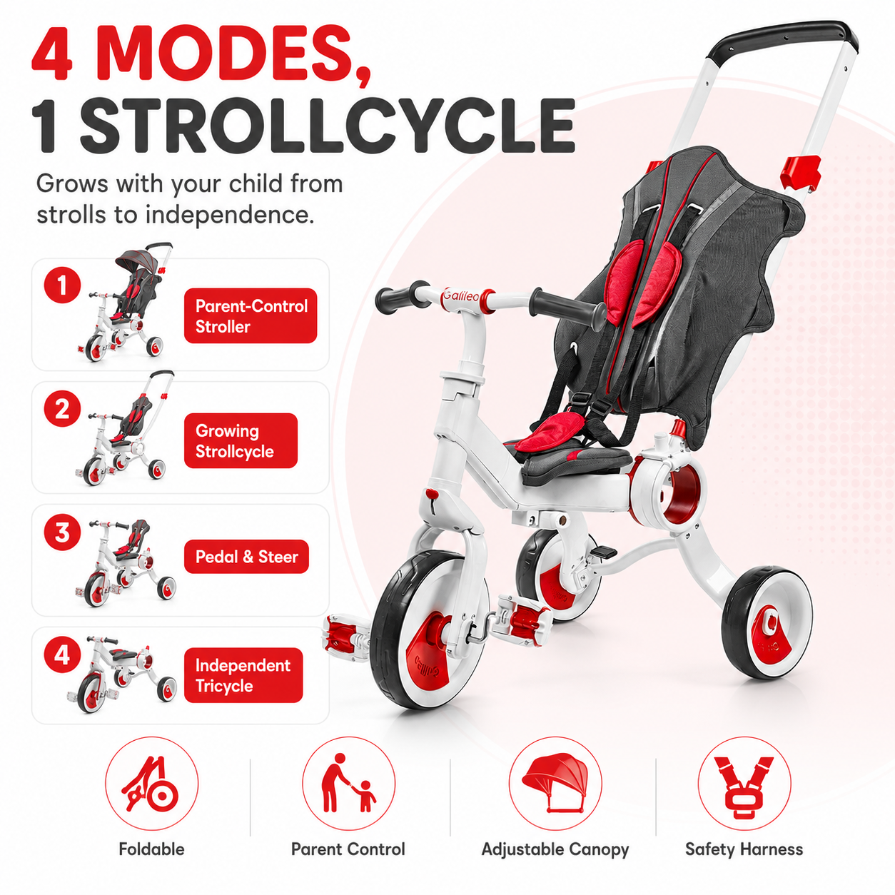 Galileo 4-in-1 Strollcycle Foldable Baby Kids Stroller Tricycle