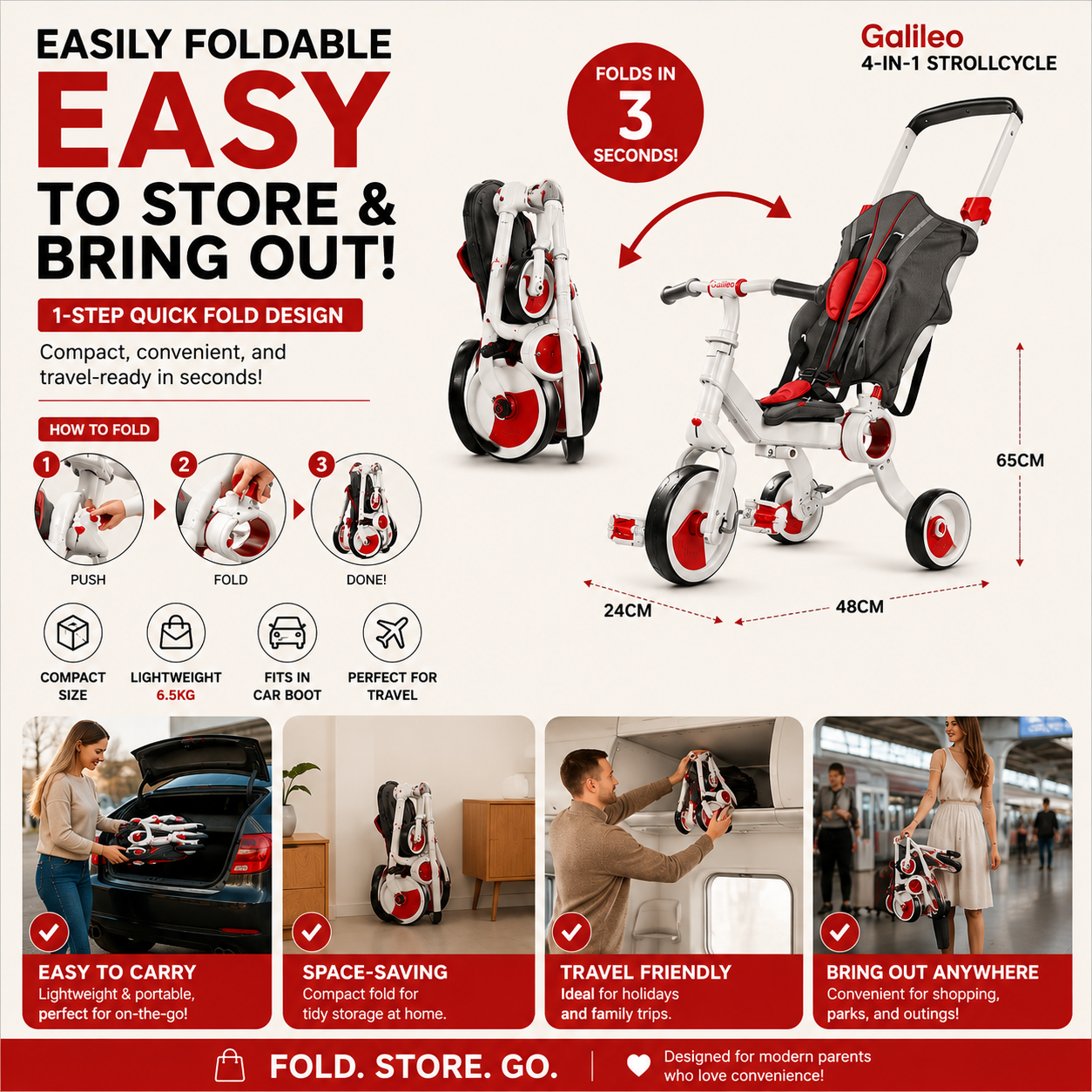 Galileo 4-in-1 Strollcycle Foldable Baby Kids Stroller Tricycle