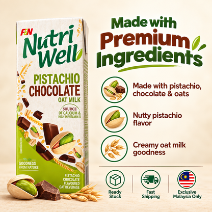 F&N Nutriwell Pistachio Chocolate Oat Milk 200ml Ready-to-Drink Non-Dairy Beverage