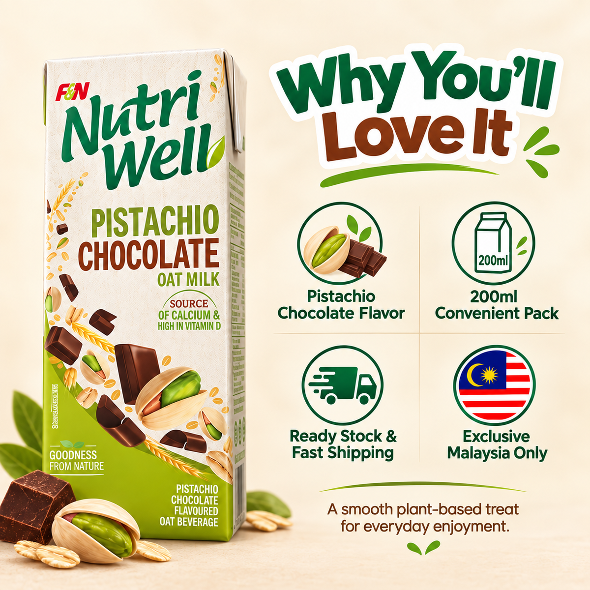 F&N Nutriwell Pistachio Chocolate Oat Milk 200ml Ready-to-Drink Non-Dairy Beverage