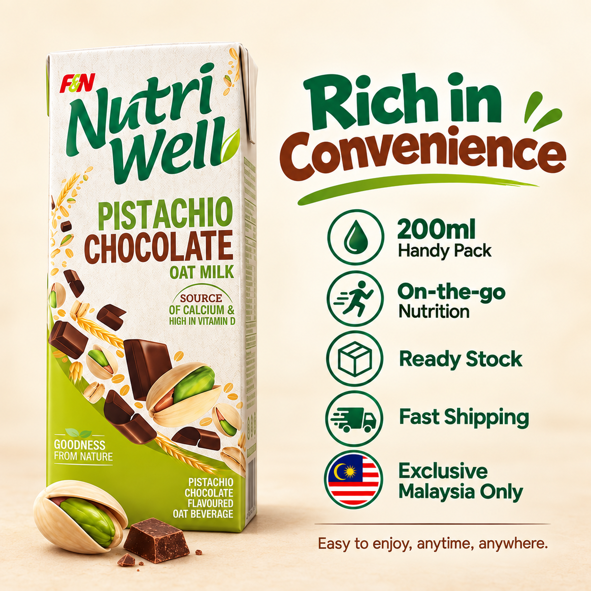 F&N Nutriwell Pistachio Chocolate Oat Milk 200ml Ready-to-Drink Non-Dairy Beverage