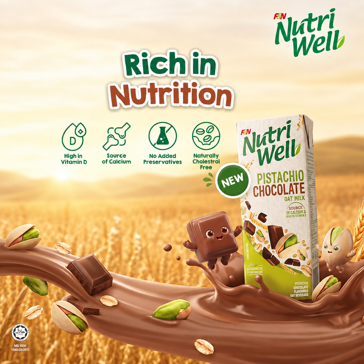 F&N Nutriwell Pistachio Chocolate Oat Milk 200ml Ready-to-Drink Non-Dairy Beverage
