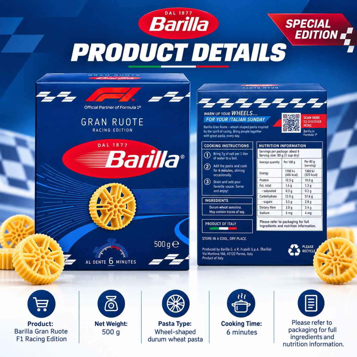 Barilla Gran Ruote Racing Edition F1 Limited Special Edition Italian Wheels Pasta 500g