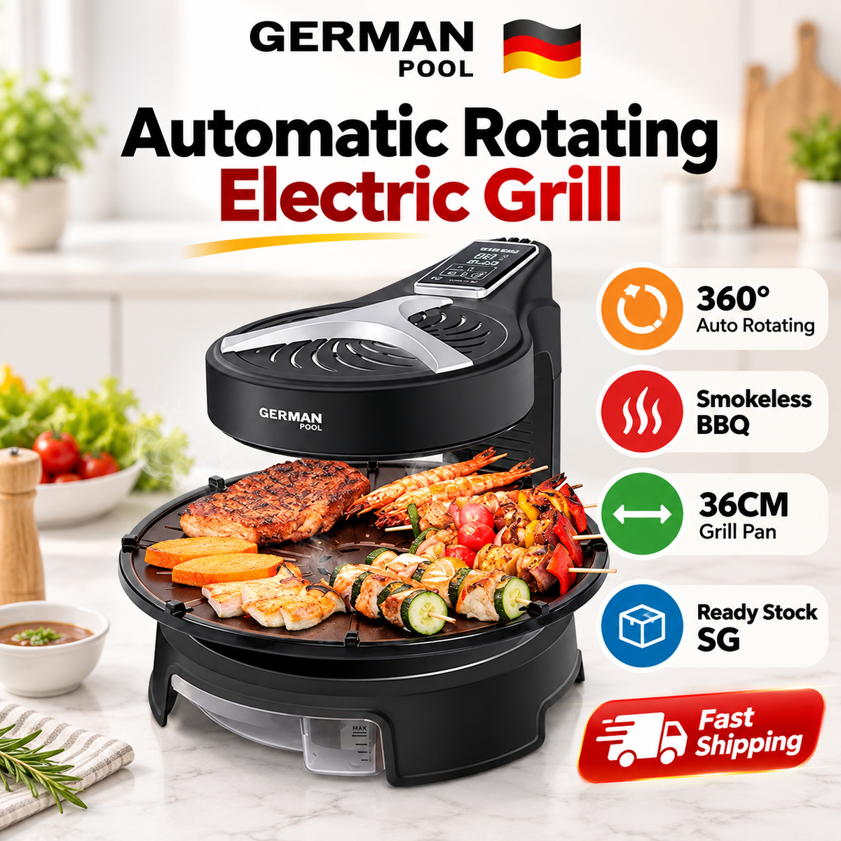 German Pool 360° Auto Rotating Smokeless Electric BBQ Grill