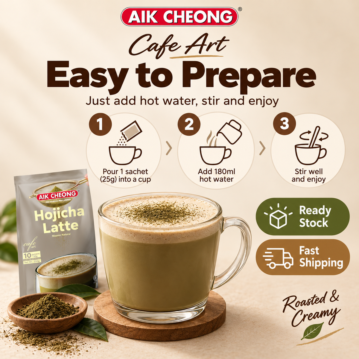 AIK CHEONG Cafe Art Hojicha Latte 250g 10 Sachets Rich Roasted Green Tea Latte