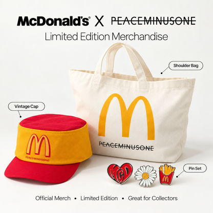 PEACEMINUSONE X McDonald’s Limited Edition Merch – Vintage Cap, Shoulder Bag & Pin Set