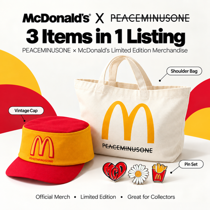PEACEMINUSONE X McDonald’s Limited Edition Merch – Vintage Cap, Shoulder Bag & Pin Set
