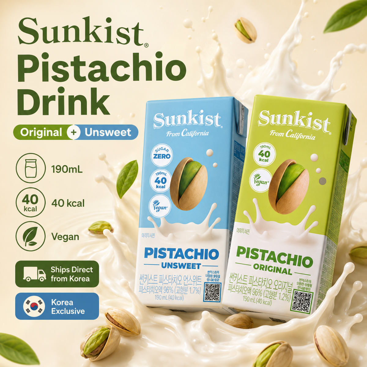 Sunkist Pistachio Milk Drink 190ml Original & Unsweetened by Steekee Korea 5024