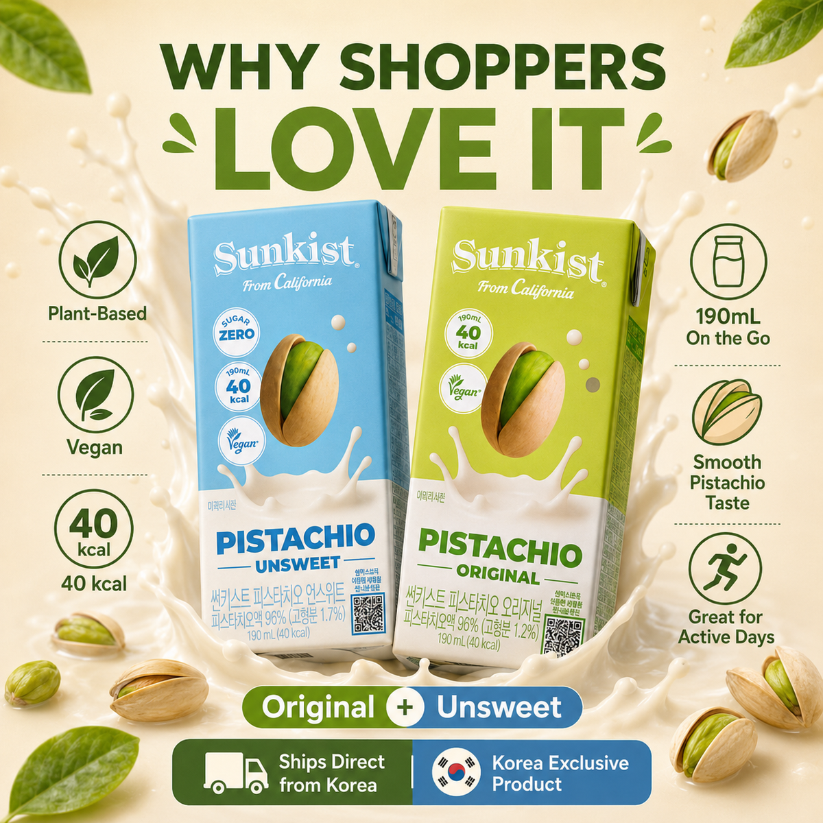 Sunkist Pistachio Milk Drink 190ml Original & Unsweetened by Steekee Korea 5024