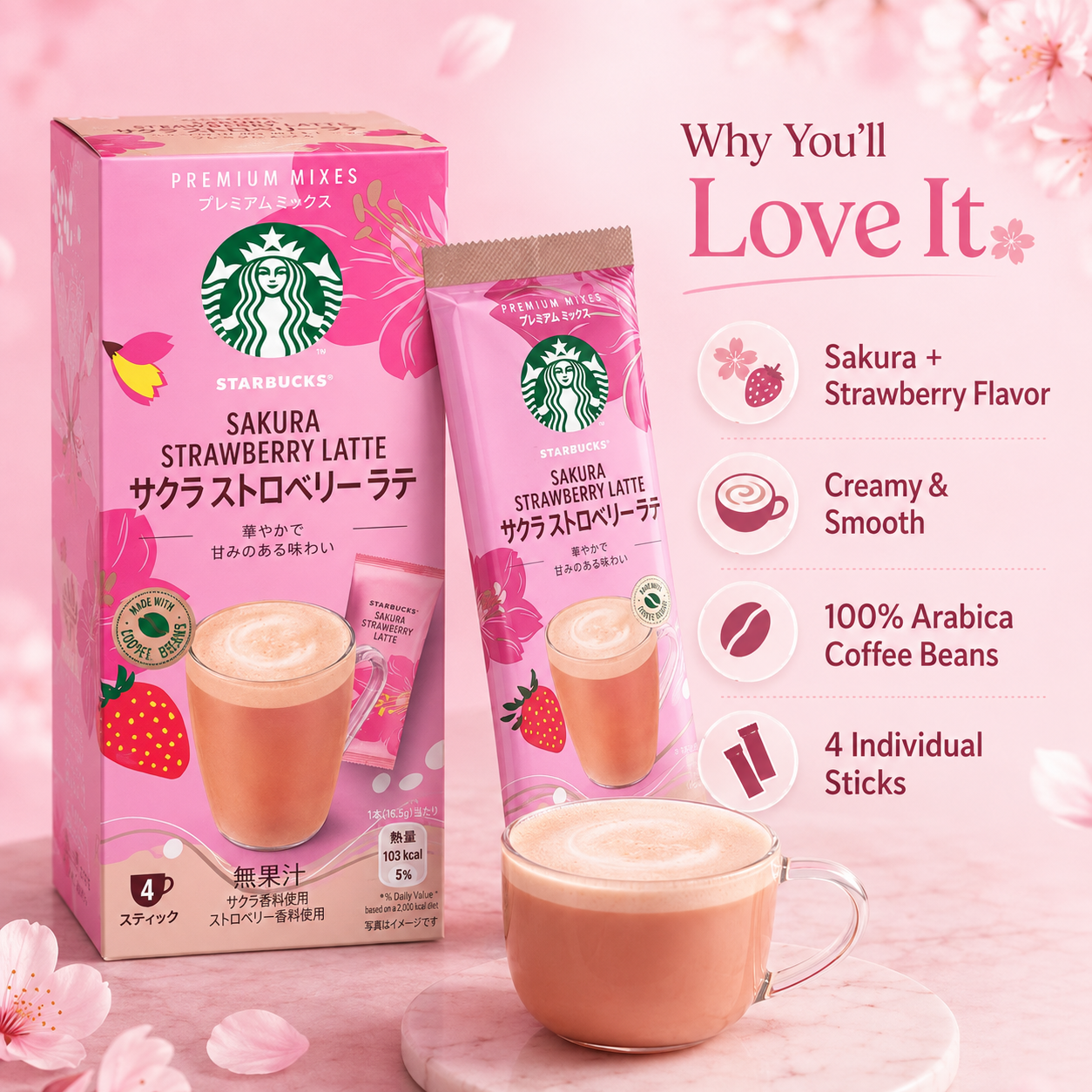 Starbucks Japan Cherry Blossom Sakura Strawberry Latte Premium Instant Coffee Mix