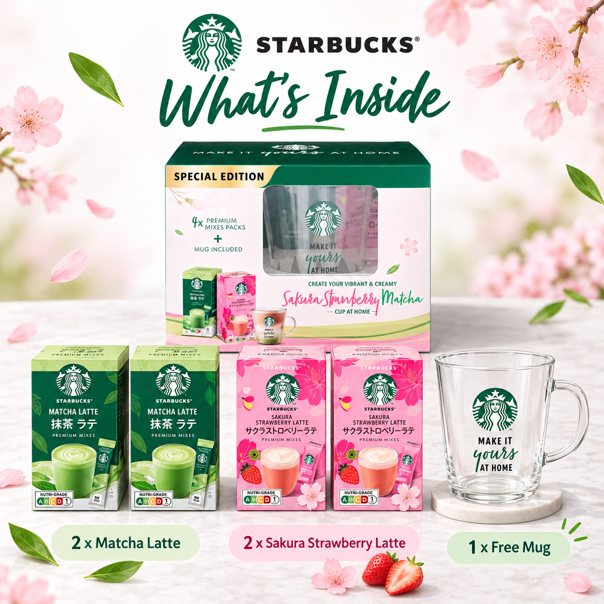 Starbucks Japan Premium Mixes Matcha Latte & Sakura Strawberry Latte Free Mug