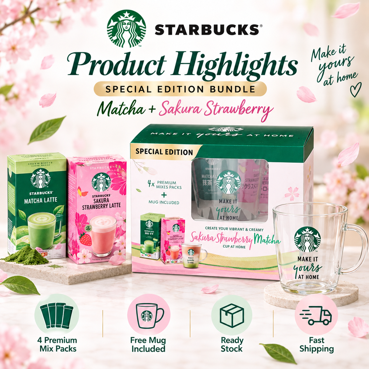 Starbucks Japan Premium Mixes Matcha Latte & Sakura Strawberry Latte Free Mug