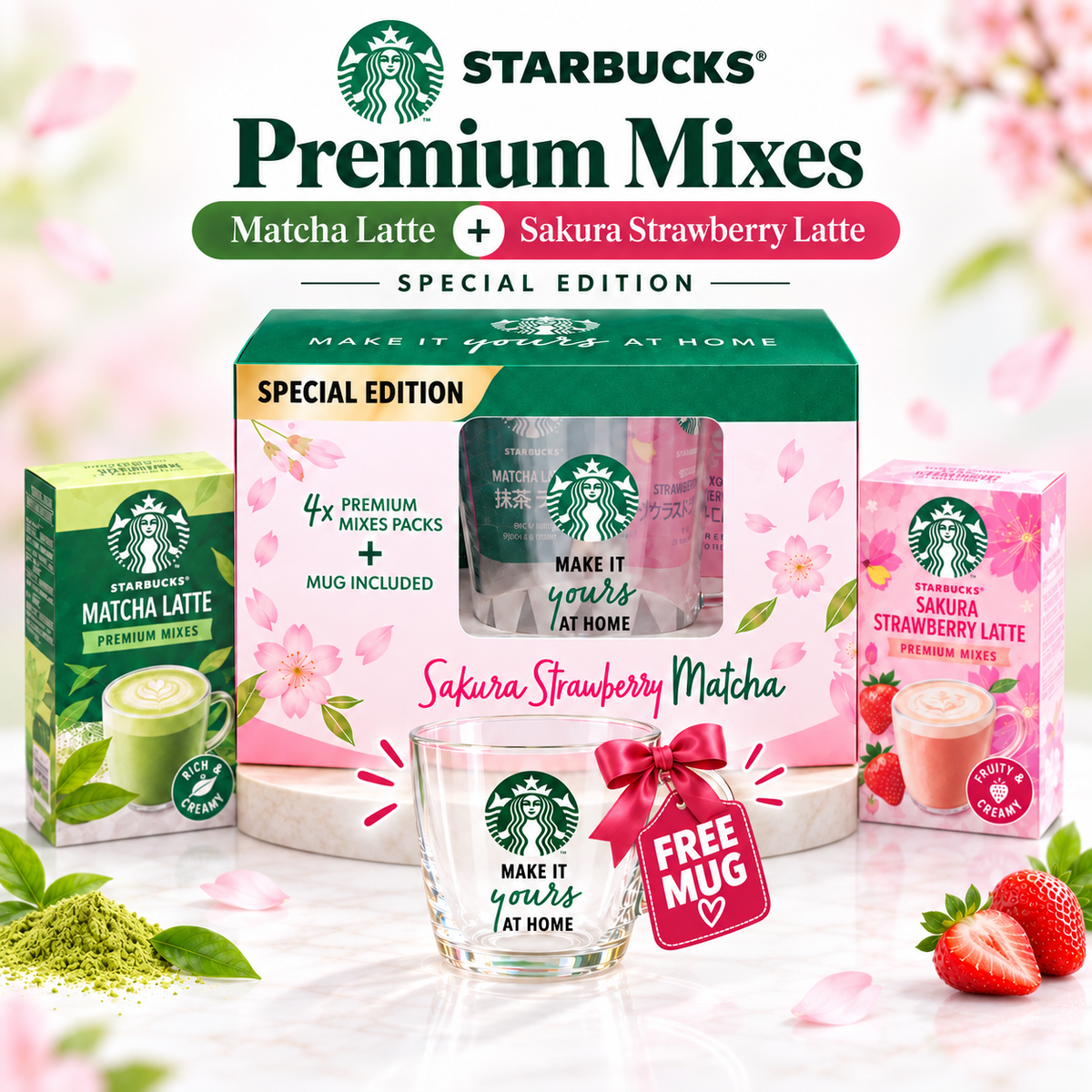 Starbucks Japan Premium Mixes Matcha Latte & Sakura Strawberry Latte Free Mug