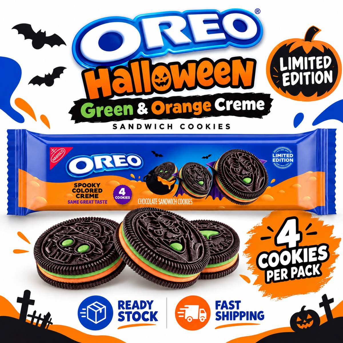 OREO Halloween Green & Orange Creme Sandwich Cookies 4 Per Pack