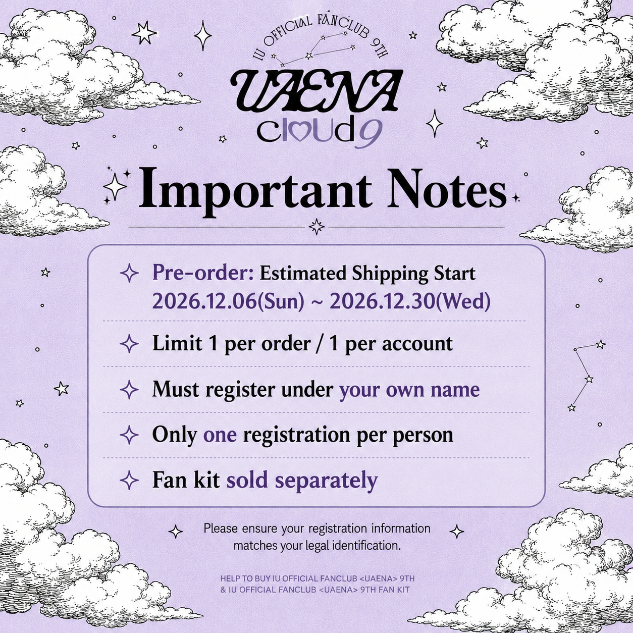 IU OFFICIAL FANCLUB <UAENA> 9TH MEMBERSHIP & FAN KIT [HELP TO BUY]