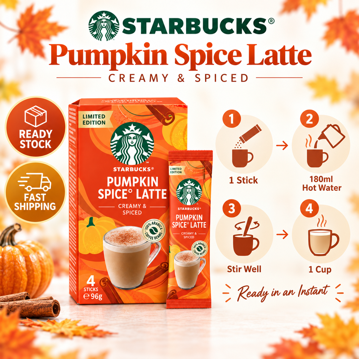 STARBUCKS Pumpkin Spice Latte Creamy & Spiced Instant Coffee 4 Sticks 96g
