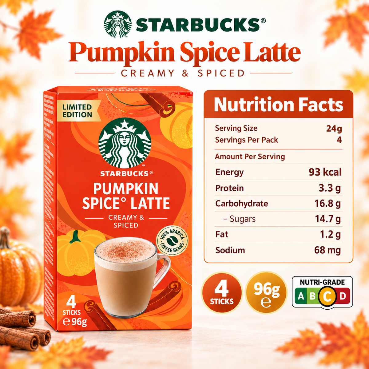 STARBUCKS Pumpkin Spice Latte Creamy & Spiced Instant Coffee 4 Sticks 96g