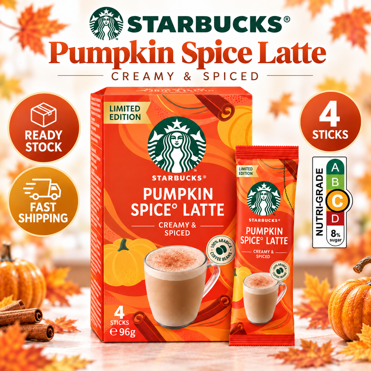 STARBUCKS Pumpkin Spice Latte Creamy & Spiced Instant Coffee 4 Sticks 96g