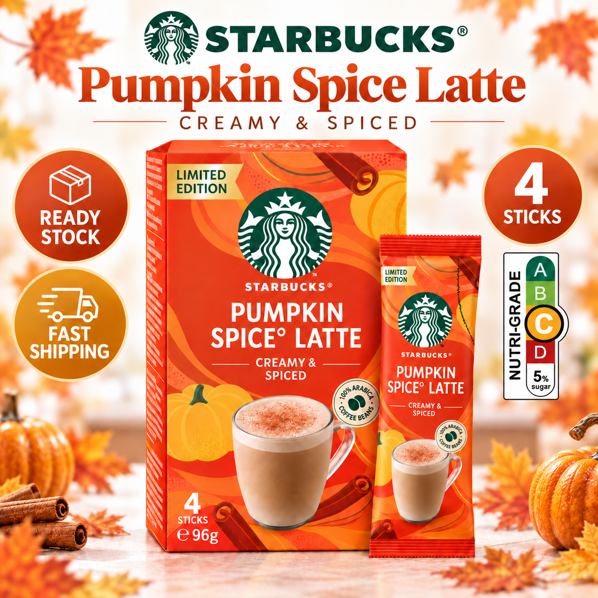STARBUCKS Pumpkin Spice Latte Creamy & Spiced Instant Coffee 4 Sticks 96g