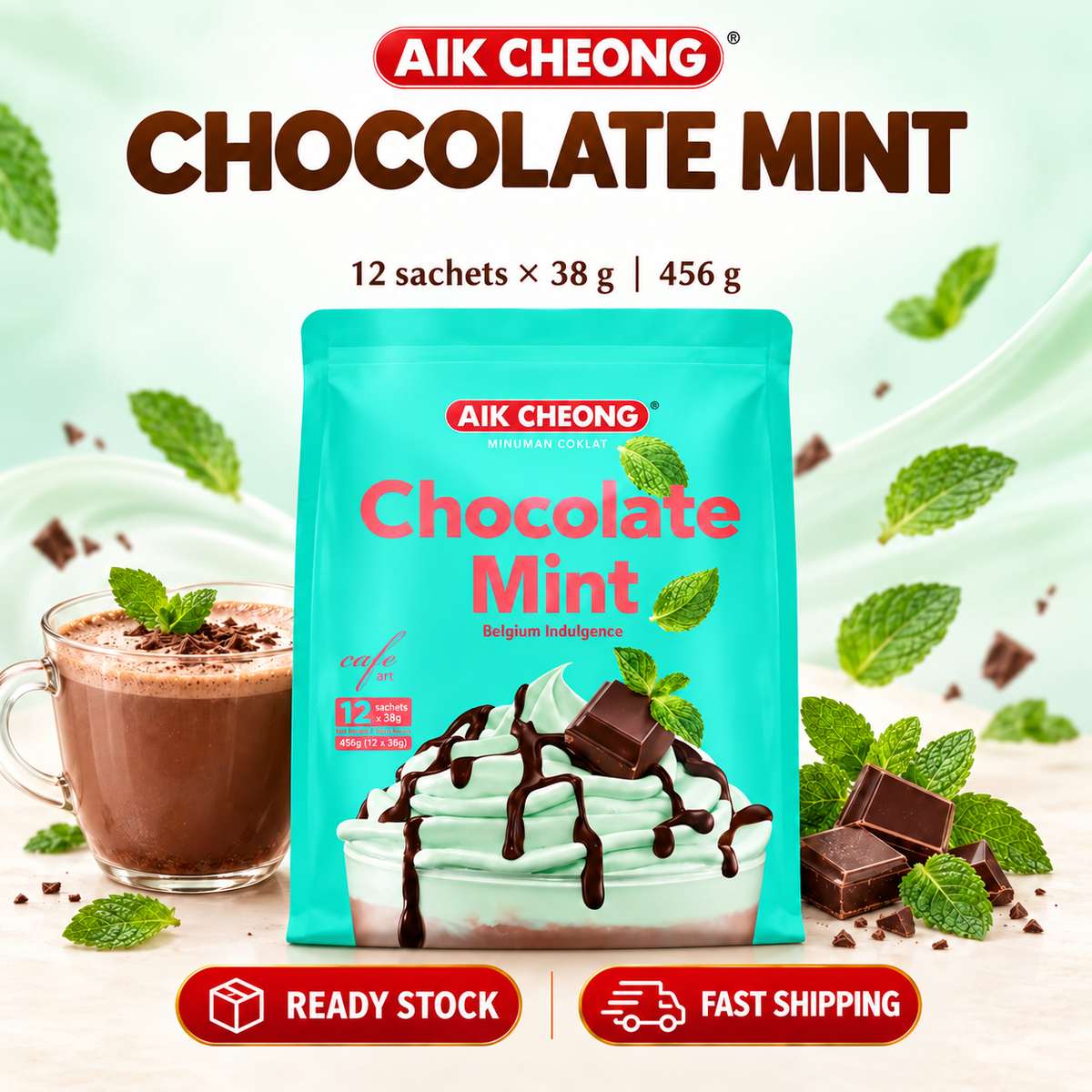 Aik Cheong Malaysia Café Art Chocolate Mint Instant Drink 456g 12 Sachets