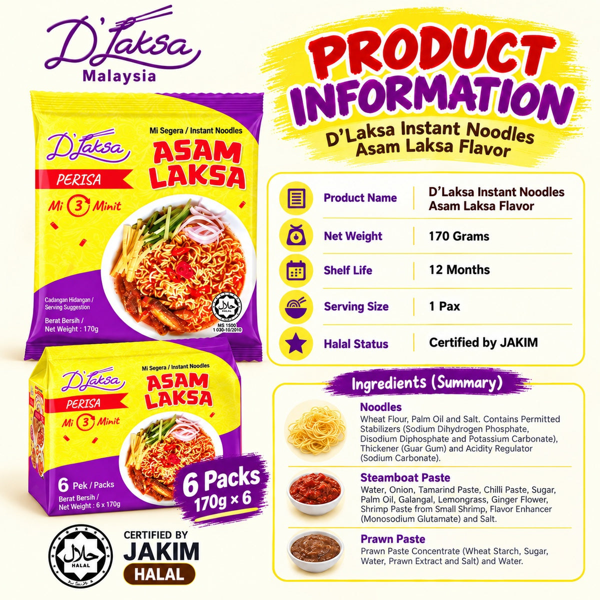 D'Laksa Asam Laksa Instant Noodles 6 Packs 170g Halal