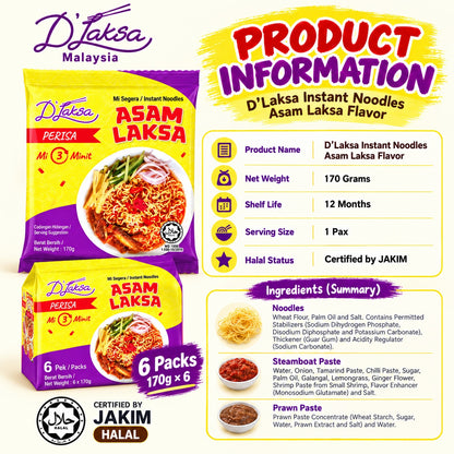 D'Laksa Asam Laksa Instant Noodles 6 Packs 170g Halal