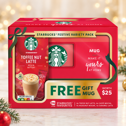 Starbucks Christmas Festive Variety Pack with Mug Toffee Nut Latte Caffè Mocha Caramel Latte 16 Sticks 364g