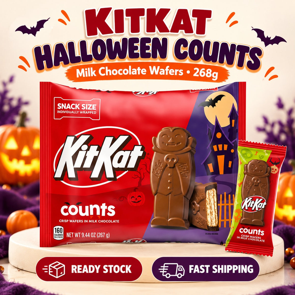 KITKAT Halloween Count Milk Chocolate Wafer Candy Snack 268g Snack Size Individually Wrapped