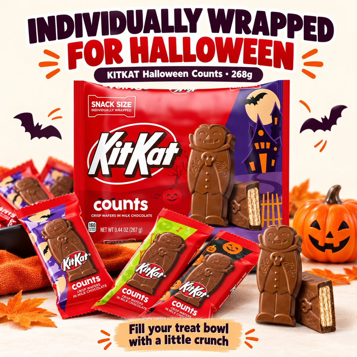 KITKAT Halloween Count Milk Chocolate Wafer Candy Snack 268g Snack Size Individually Wrapped