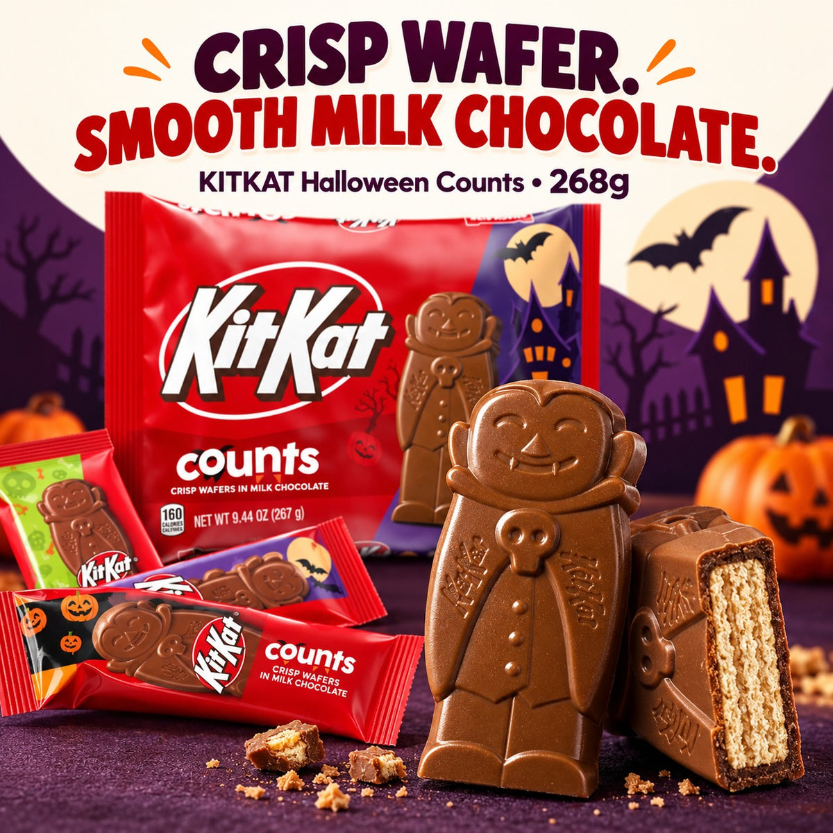 KITKAT Halloween Count Milk Chocolate Wafer Candy Snack 268g Snack Size Individually Wrapped