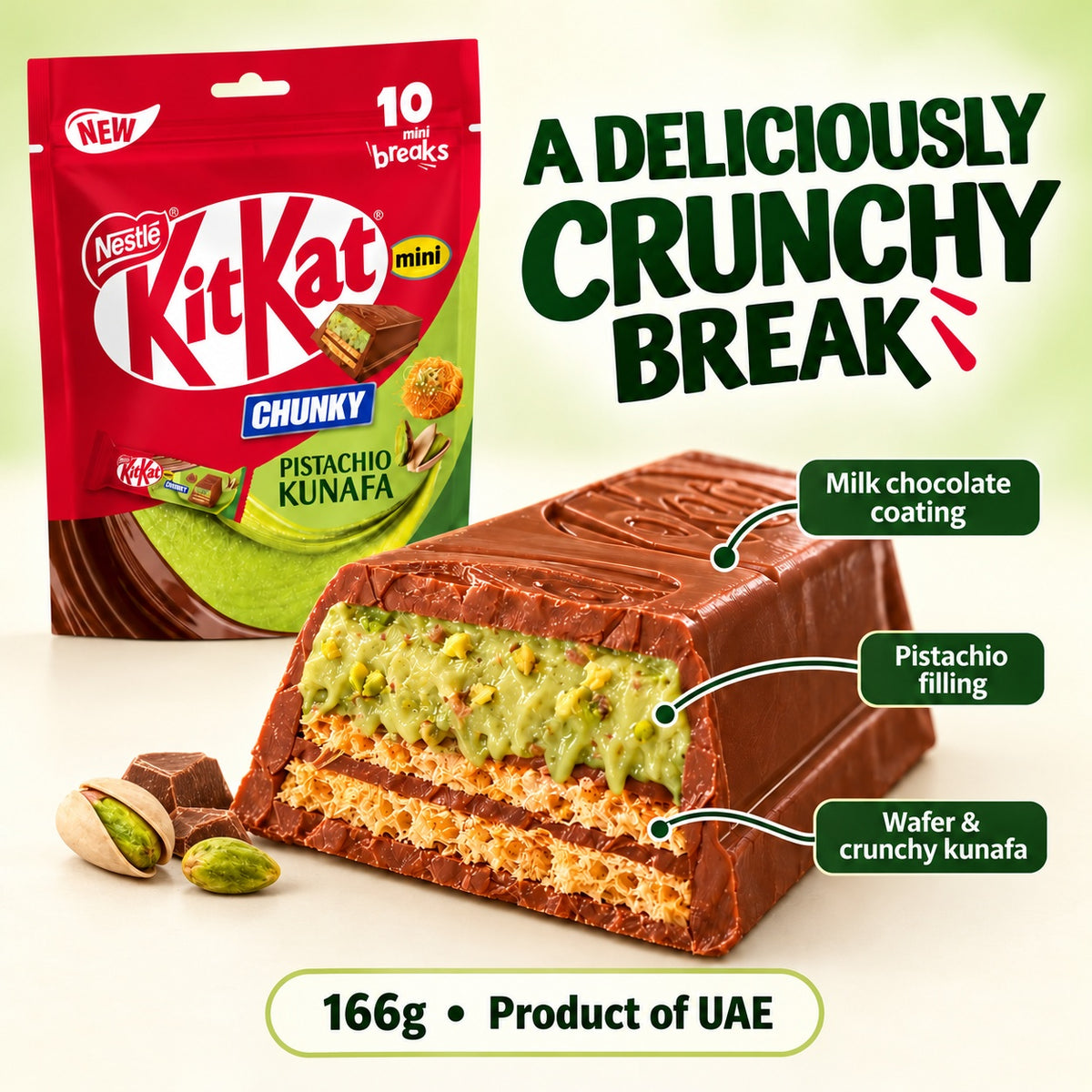 Nestlé Kit Kat Chunky Mini Pistachio Kunafa Milk Chocolate Wafer 166g 10 Mini Bars UAE