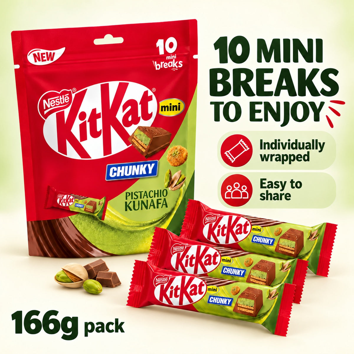Nestlé Kit Kat Chunky Mini Pistachio Kunafa Milk Chocolate Wafer 166g 10 Mini Bars UAE