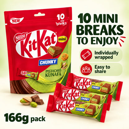 Nestlé Kit Kat Chunky Mini Pistachio Kunafa Milk Chocolate Wafer 166g 10 Mini Bars UAE