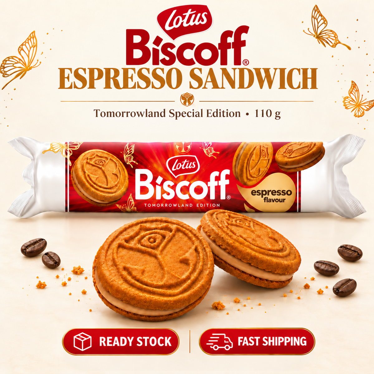 Lotus Biscoff Espresso Sandwich Cookies Biscuits Tomorrowland Special Edition 110g